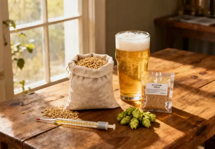Ingrédients pour le brassage : sac de grains, verre de bière dorée, cônes de houblon, thermomètre et sachet d'épices sur une table en bois.