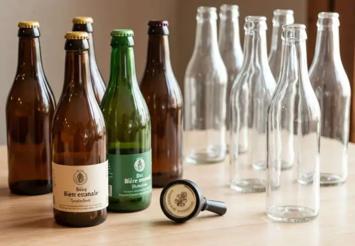 Bouteilles de bière non pasteurisée, certaines pleines, d'autres vides, sur une table en bois. Une liste de bières artisanales.