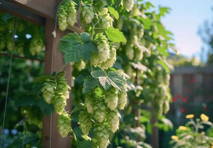 Des cônes de houblon verts pendent d'une treille en bois, montrant comment pousse le houblon.