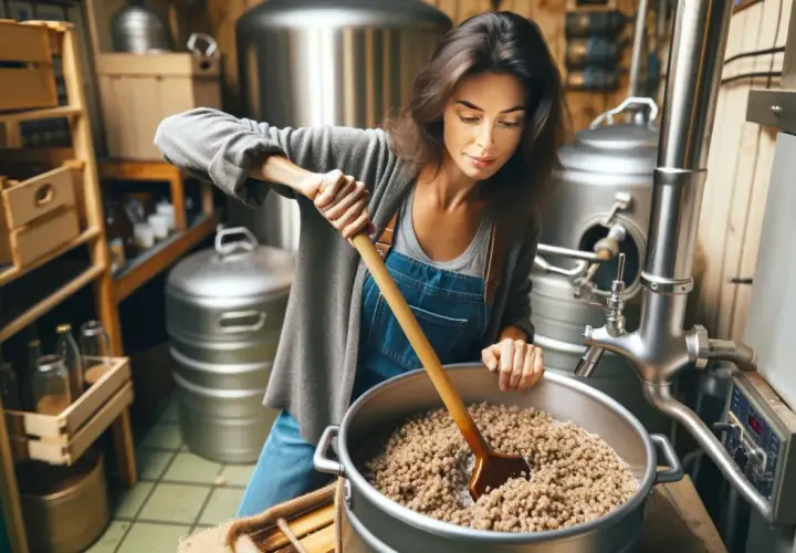 Une femme prépare sa levure dans une cuve, mélangeant des grains avec une spatule en bois. L'ambiance rappelle un atelier de brassage artisanal.