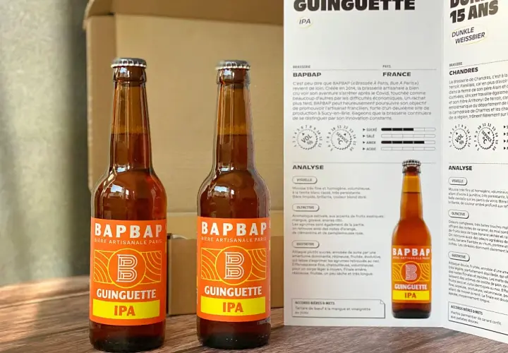 Deux bouteilles de bière artisanale "Guinguette IPA" de BAPBAP. Une bière qui fait penser à un hibou, avec son nom et son logo audacieux.