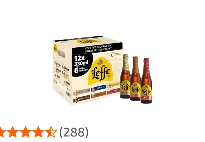 Coffret découverte Leffe avec 12 bières de 6 variétés différentes. Trois bouteilles Leffe Blonde, Ambrée et Ruby sont présentées.