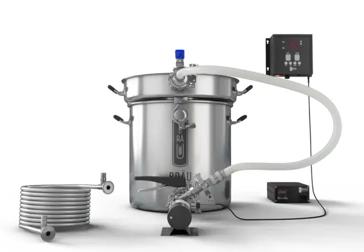Système de brassage tout-en-un avec cuve, pompe, serpentin de refroidissement et contrôleur numérique pour un brew in a bag parfait.