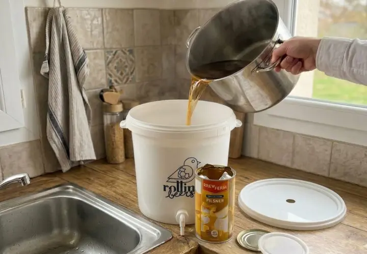 Début de la fabrication de la levure de bière : on verse le moût dans un fermenteur.