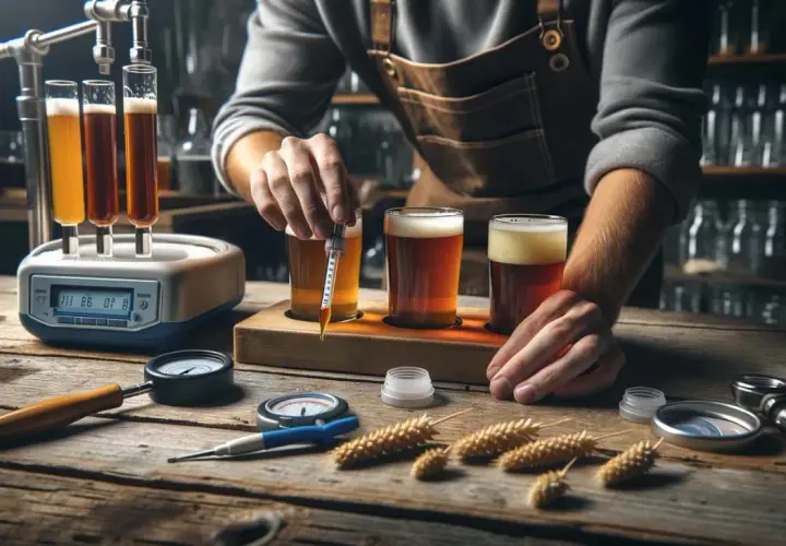 Un brasseur teste des échantillons de bière, une pipette à la main. Des outils de mesure et des épis de blé sont sur la table, suggérant une expérimentation sur comment baisser l'alcalinité de l'eau.