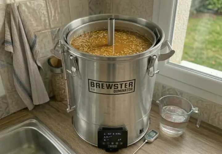 Cuve de brassage "Brewster Dominator" remplie de moût pour une bière smash. Thermomètre et bécher d'eau à proximité.