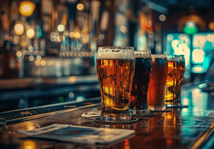 Quatre verres de bière sur un bar, avec des lumières floues en arrière-plan. L'un d'eux a un léger faux goût de bière.