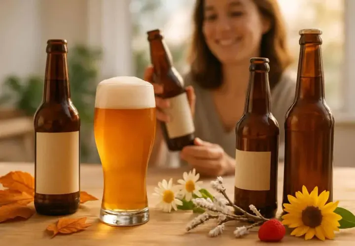Une femme souriante tient une bouteille de bière rouge. Une chope de bière dorée et d'autres bouteilles sont sur la table.