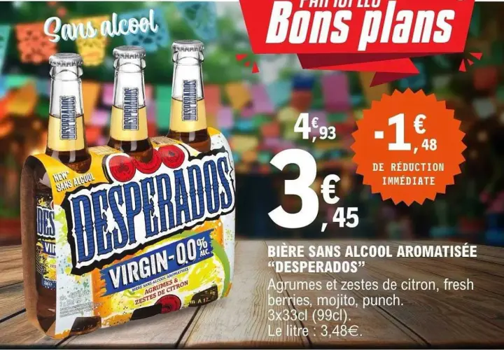 Pack de 3 bières sans alcool Desperados Virgin, saveur agrumes et citron, en promotion. Un bon plan pour un été sans alcool !