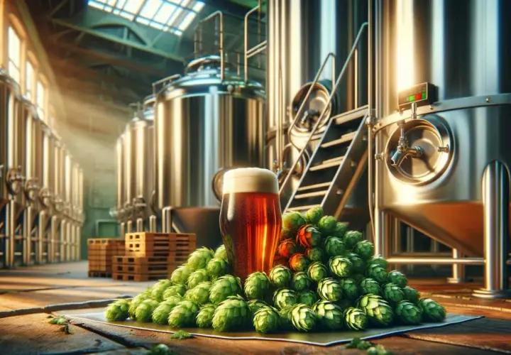 Un verre de bière ambrée repose sur un lit de houblon vert, au milieu d'une brasserie moderne. Le brasseur a du travail !