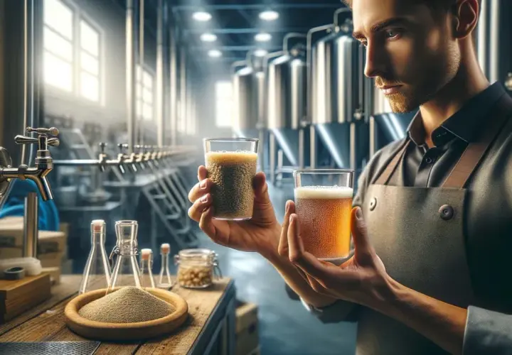 Un brasseur compare deux verres, l'un avec des grains, l'autre avec de la bière. Il réfléchit à a quoi sert un starter pour la fermentation.