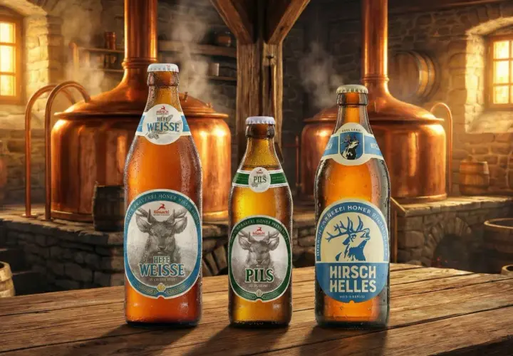 Trois bières allemandes, une Hefe Weisse, une Pils et une Helles, sur une table en bois devant des cuves de brassage.