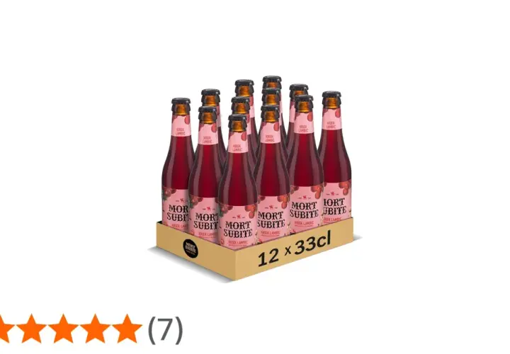 Douze bouteilles de bière Mort Subite Kriek Lambic, 33cl. Le pourcentage d'alcool n'est pas visible.
