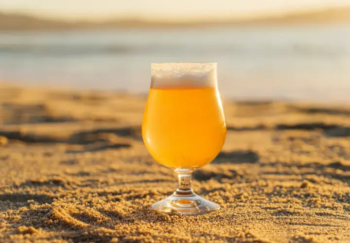 Verre de bière insolite sur le sable doré, avec la mer en arrière-plan au coucher du soleil.
