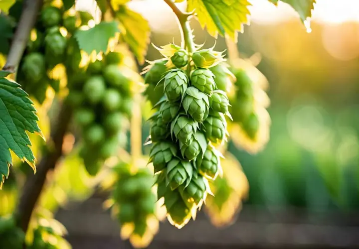 Grappes de houblon mur, baignant dans la lumière dorée du soleil couchant. Les cônes verts sont prêts pour la récolte.