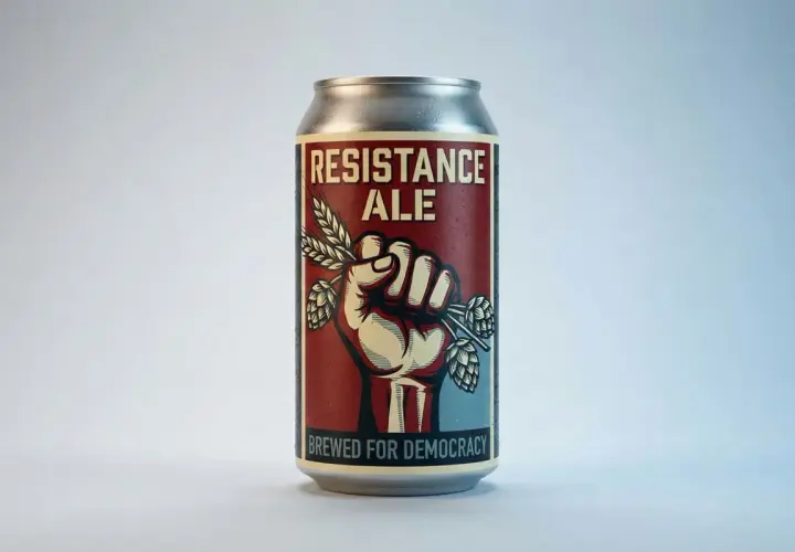 Canette de bière américaine "Resistance Ale", brassée pour la démocratie, avec un poing serré tenant du blé et du houblon.