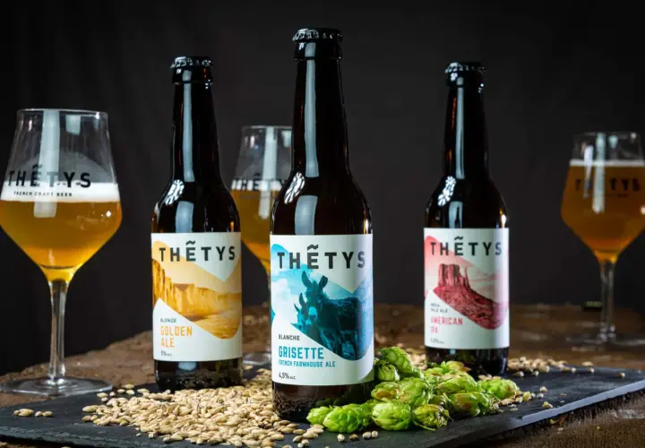 Trois bouteilles de bière artisanale Thétys : Golden Ale, Grisette et American Pale Ale. Orge et houblon frais accompagnent ces noms de bière originaux.