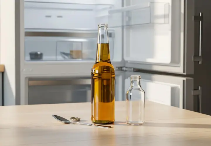 Une bouteille de bière ambrée, une petite bouteille vide, une cuillère et un décapsuleur sur une table en bois devant un réfrigérateur ouvert. La bière évoque le savoir-faire de **de molen brasserie**.