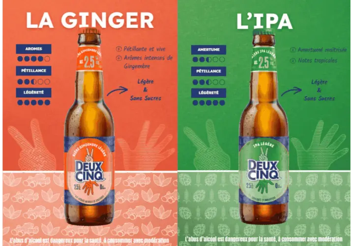 Deux bouteilles de bière, une Ginger et une IPA, présentées comme légères et sans sucres. La bière sans sirop de glucose, une option rafraîchissante.