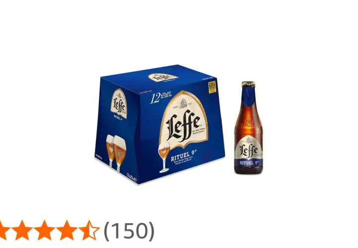 Boîte de 12 bières Leffe Rituel 9°, une bière blonde belge forte, intense et moelleuse. Une bouteille est présentée à côté.