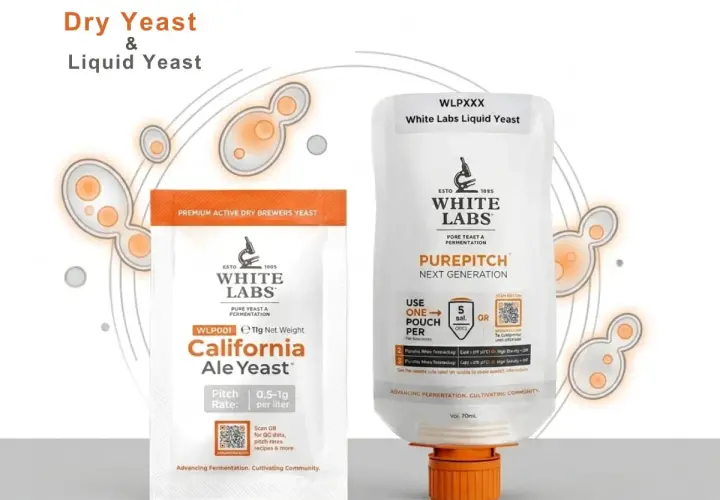 Levure sèche et liquide White Labs. Une pochette de levure sèche California Ale Yeast et une bouteille de levure liquide PurePitch.