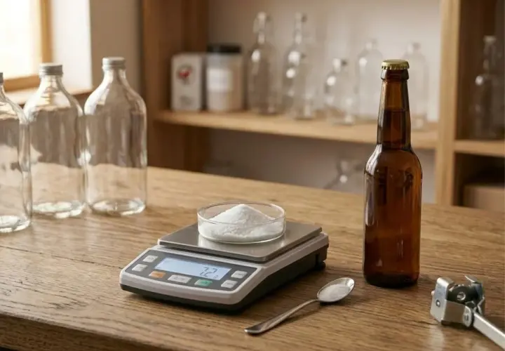 Préparation pour la fermentation bière : balance de précision, levure, bouteilles vides et une bouteille de bière ambrée.
