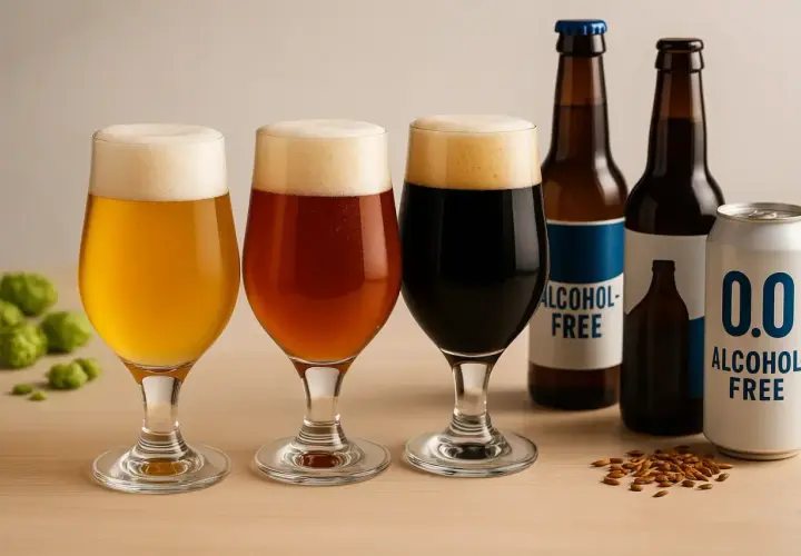 Trois verres de bière aux couleurs variées, des bouteilles et une canette "0.0 ALCOHOL-FREE". Une bière pas forte pour tous les goûts.