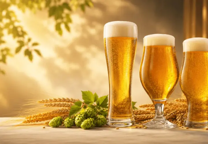 Trois verres de type de bière blonde pétillante, accompagnés de houblon frais et d'épis de blé dorés, sous une lumière chaude.