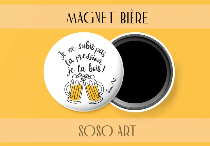 Aimant "Magnét Bière" avec un dicton humoristique sur la bière et deux verres stylisés.