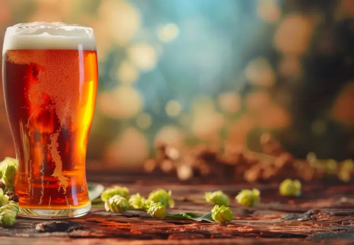 Un verre de bière ambrée mousseuse, entouré de cônes de houblon frais sur une table en bois. L'alcool, issu du houblon, promet une dégustation savoureuse.