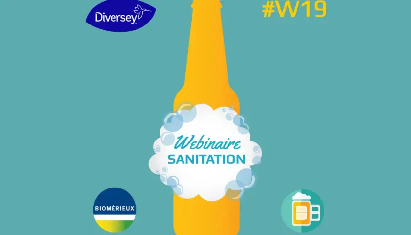 Webinaire sur la **fermentation secondaire bière** et la sanitation, avec logos Diversey et Biomerieux. #W19