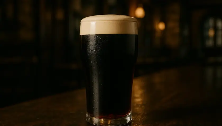 Un verre de Guinness, d'un noir profond, sur un comptoir en bois. La mousse crémeuse couronne cette bière iconique, expliquant pourquoi la Guinness est noire.