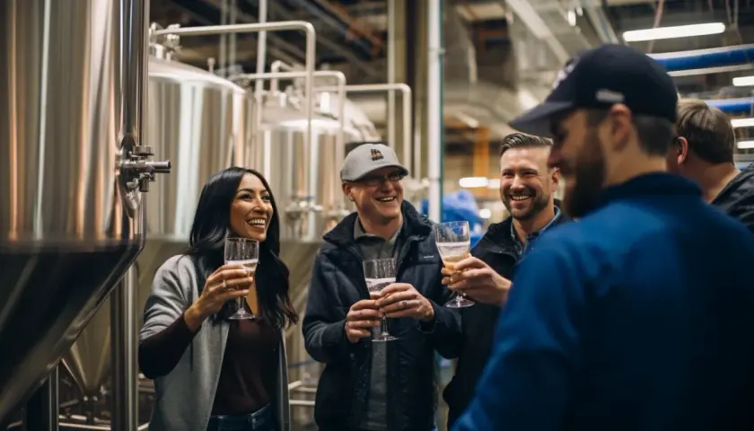 Un groupe d'amis rit et trinque avec des verres de bière dans une brasserie, près d'immenses cuves en acier. Une dégustation de Camden beer.