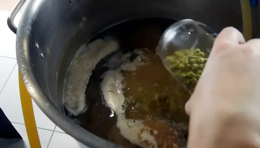 Ajout de houblon dans la cuve de brassage. Le houblon, essentiel pour l'amertume et les arômes de la bière, est versé dans le moût bouillant.