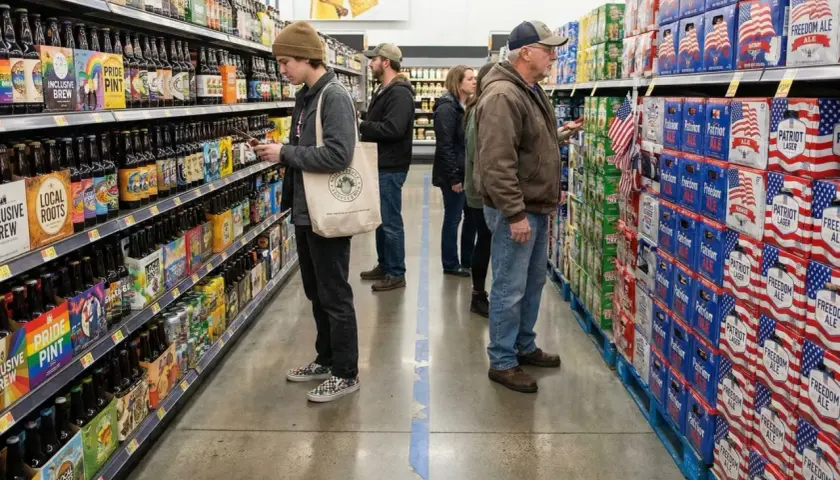 Des clients choisissent des bières dans un rayon de brasserie américaine, avec des caisses de "Patriot Lager" et "Freedom Ale" en arrière-plan.