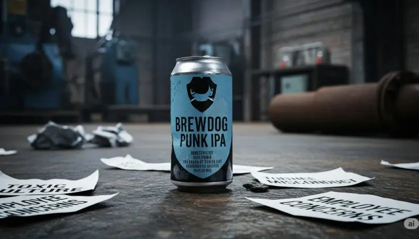 Une canette de Punk IPA de BrewDog, au milieu de papiers froissés et de notes sur la "culture toxique" et les "préoccupations des employés", évoquant l'origine de la marque.
