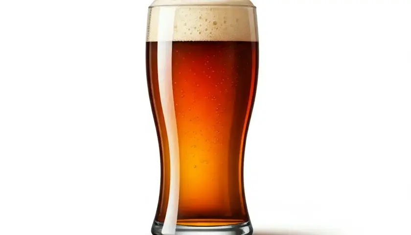 Un verre de bière ambrée anglaise, avec une mousse légère et des bulles fines.