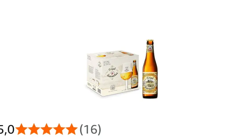 Une bouteille et une boîte de bière Tripel Karmeliet, avec un verre rempli de cette bière ambrée.