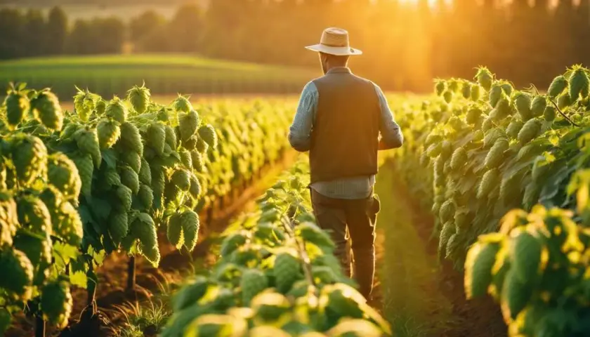 Un agriculteur en chapeau de paille traverse un champ de houblon luxuriant, baigné par la lumière dorée du soleil couchant.