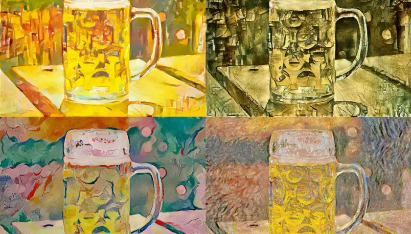 Quatre chopes de bière stylisées, comme un diacetyl rest artistique.