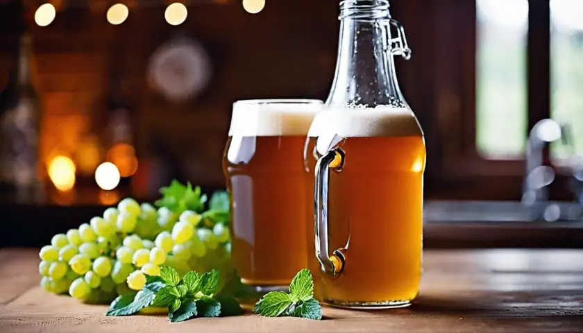 Bière ambrée dans une bouteille et un verre, avec du raisin et de la menthe. Une scène évoquant une recette de bière maison.