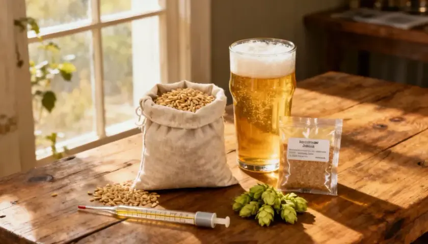 Ingrédients pour le brassage : sac de grains, verre de bière dorée, cônes de houblon, thermomètre et sachet d'épices sur une table en bois.