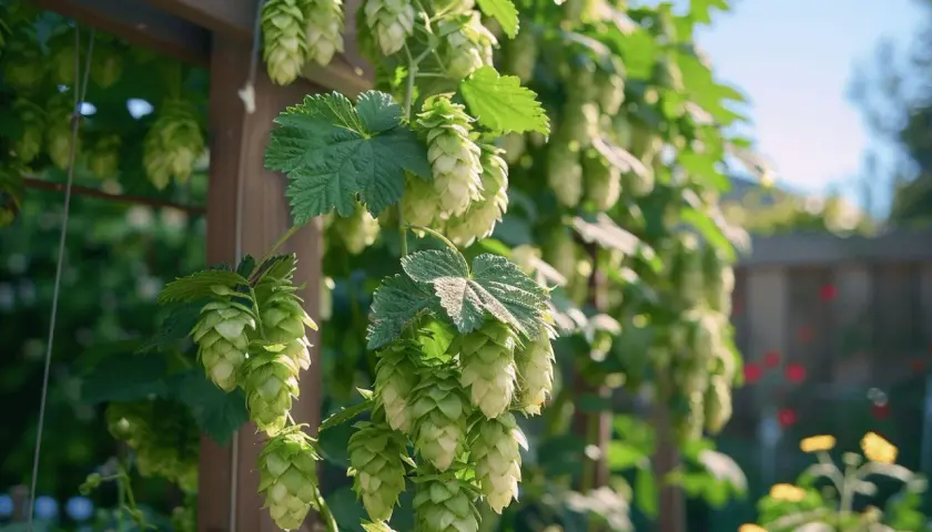 Des cônes de houblon verts pendent d'une treille en bois, montrant comment pousse le houblon.