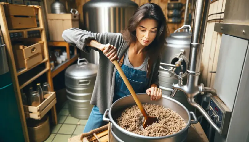 Une femme prépare sa levure dans une cuve, mélangeant des grains avec une spatule en bois. L'ambiance rappelle un atelier de brassage artisanal.