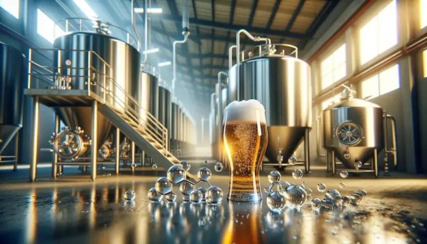 Verre de bière mousseuse dans une brasserie, avec des cuves en acier inoxydable. La question "quelle quantité de bicarbonate de soude pour augmenter le ph" flotte dans l'air.