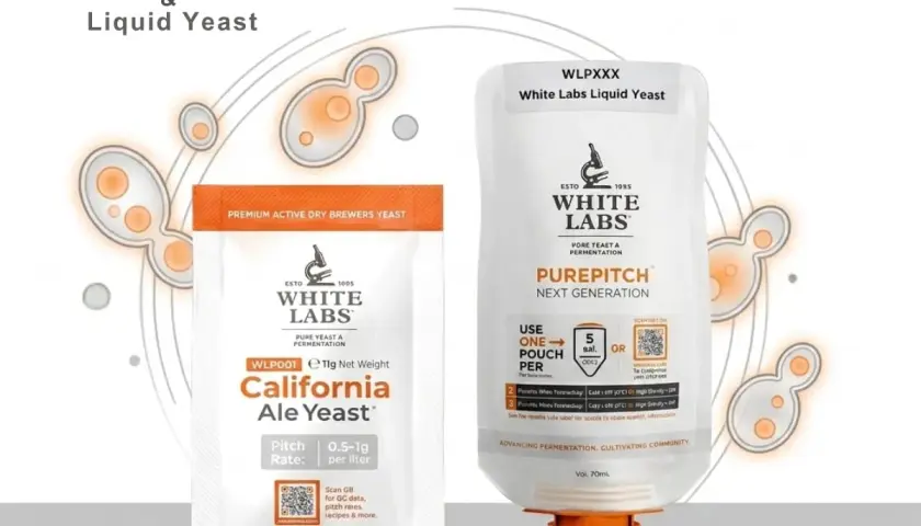 Levure sèche et liquide White Labs. La température idéale est cruciale pour la levure.