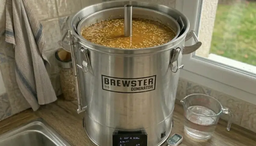 Cuve de brassage "Brewster Dominator" remplie de moût pour une bière smash. Thermomètre et bécher d'eau à proximité.