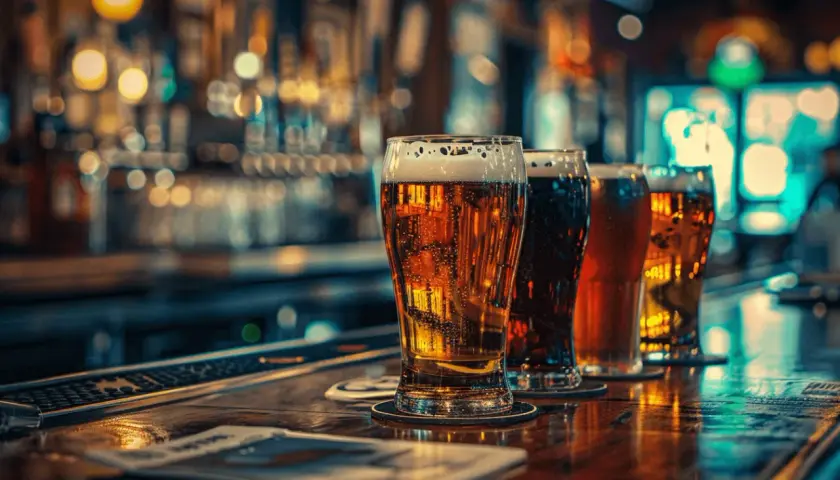 Quatre verres de bière sur un bar, avec des lumières floues en arrière-plan. L'un d'eux a un léger faux goût de bière.
