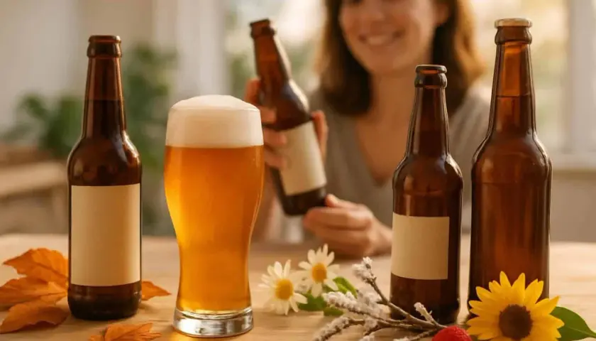 Une femme souriante tient une bouteille de bière rouge. Une chope de bière dorée et d'autres bouteilles sont sur la table.
