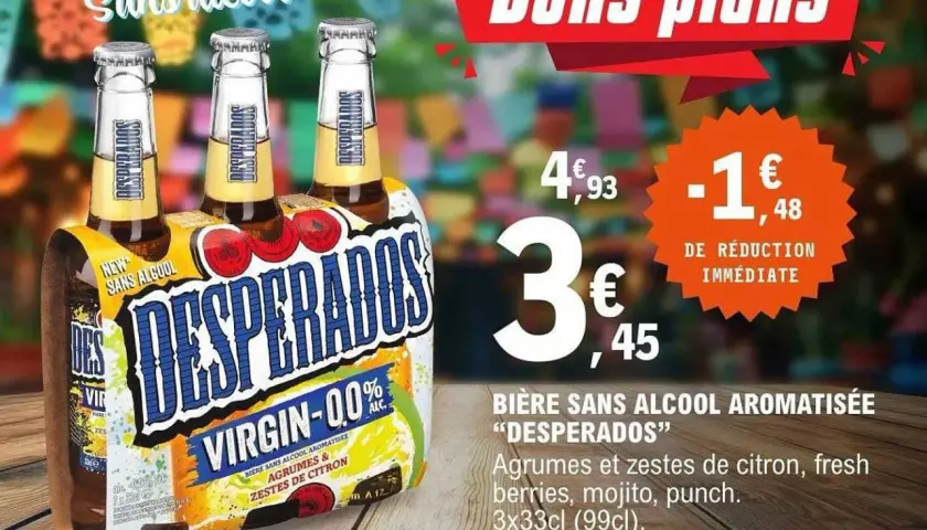 Pack de 3 bières sans alcool Desperados Virgin, saveur agrumes et citron, en promotion. Un bon plan pour un été sans alcool !